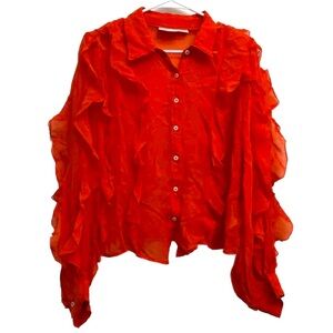 ⛵️Maeve by Anthropologie Women's Ruffled Button-Up Blouse - Vibrant Orange Red